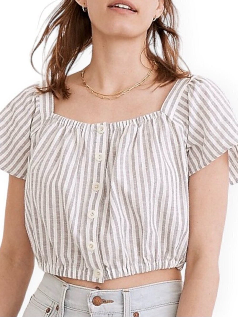 Madewell Striped White and Grey Flutter-Sleeve Button-Front Crop Top LARGE/LG - Picture 11 of 15